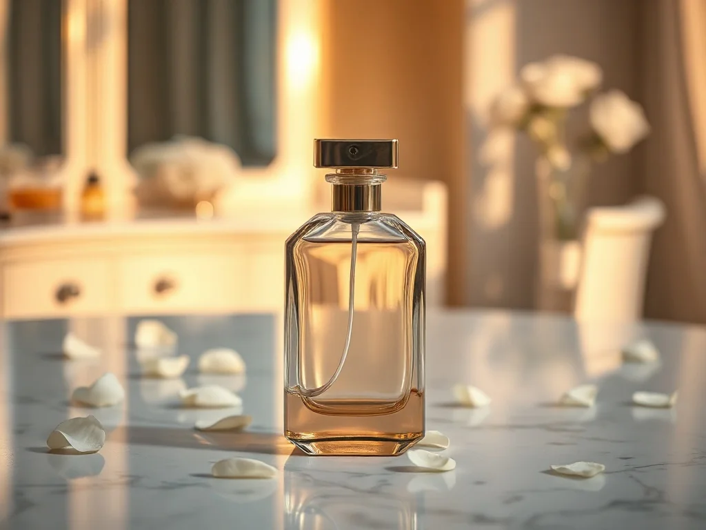 Elegancki flakon perfum La Rive Her Choice na marmurowym blacie w otoczeniu płatków kwiatów w świetle zachodzącego słońca.