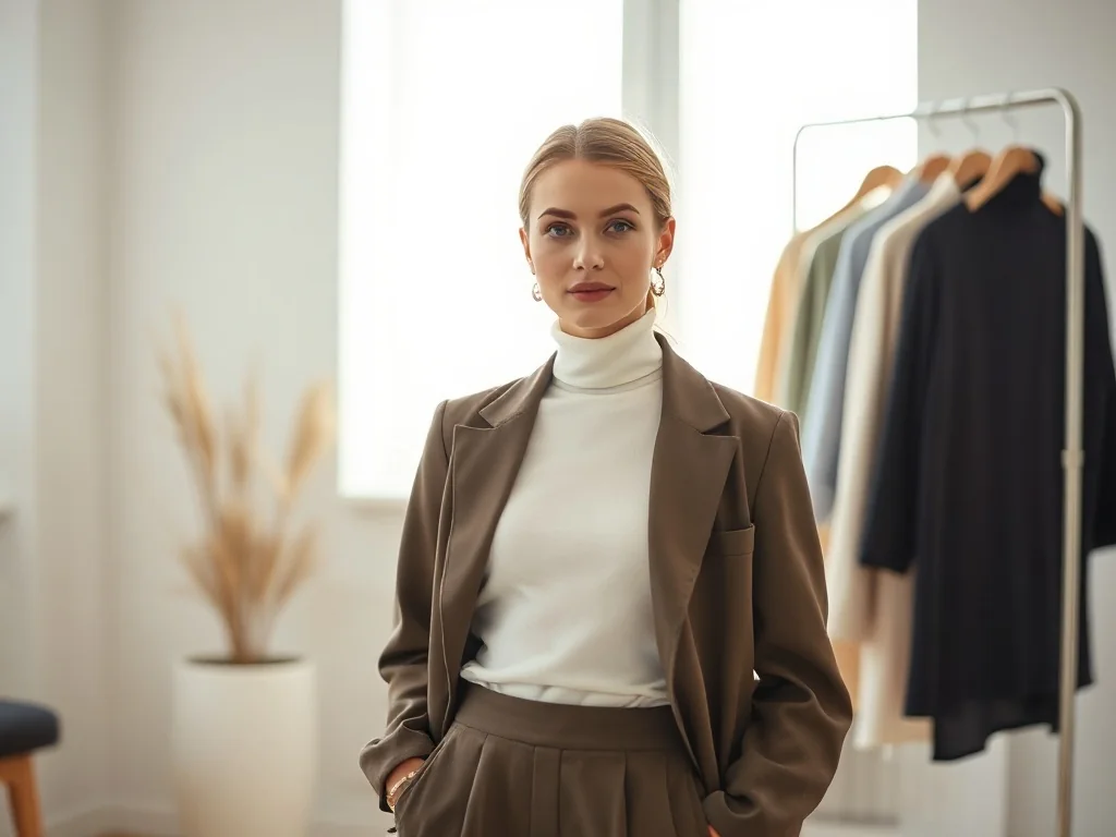 Kobieta w dopasowanym golfie i szerokich spodniach w minimalistycznym wnętrzu, prezentująca modną stylizację.
