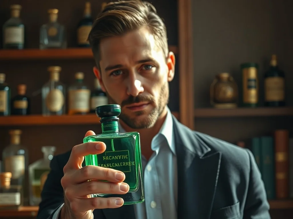 Elegancki mężczyzna trzymający klasyczny flakon perfum Paco Rabanne w stylowym gabinecie o ciepłej kolorystyce.