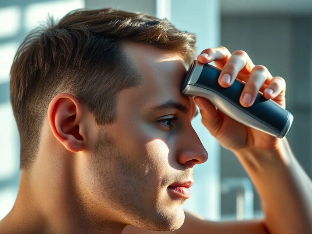 Mężczyzna używa nowoczesnej golarki rotacyjnej do golenia głowy w jasnej, minimalistycznej łazience.