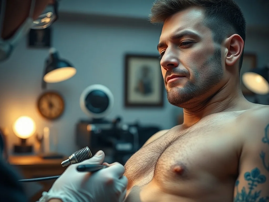 Mężczyzna odczuwający ból podczas wykonywania tatuażu na żebrach w profesjonalnym studiu.
