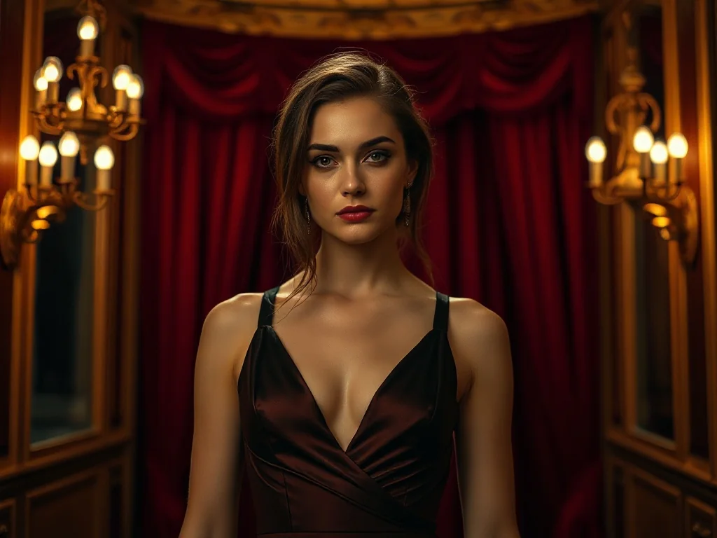 Elegancka kobieta w koktajlowej sukni w stylowym foyer teatru, prezentująca szykowną propozycję stroju na komedię.