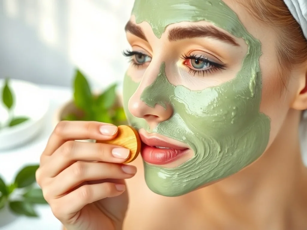 Kobieta nakłada kremową maskę z zielonej herbaty za pomocą drewnianej szpatułki w jasnym, minimalistycznym wnętrzu spa.