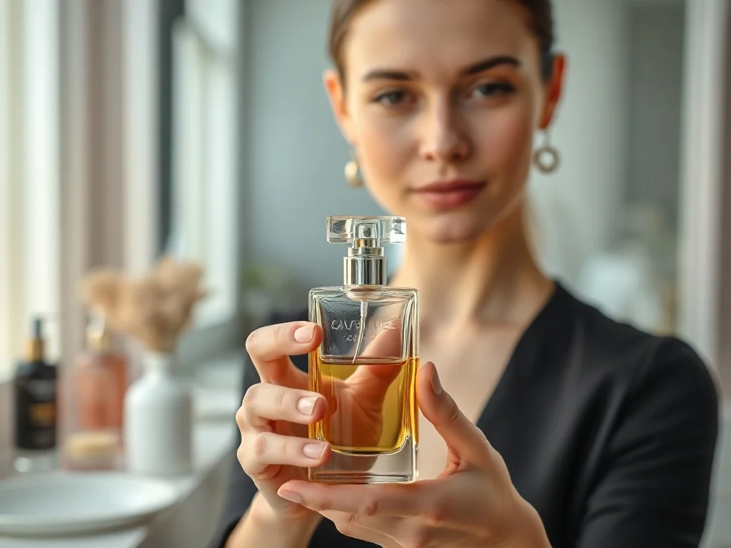 Elegancka kobieta trzymająca luksusowy flakon perfum Calvin Klein na tle minimalistycznej toaletki.