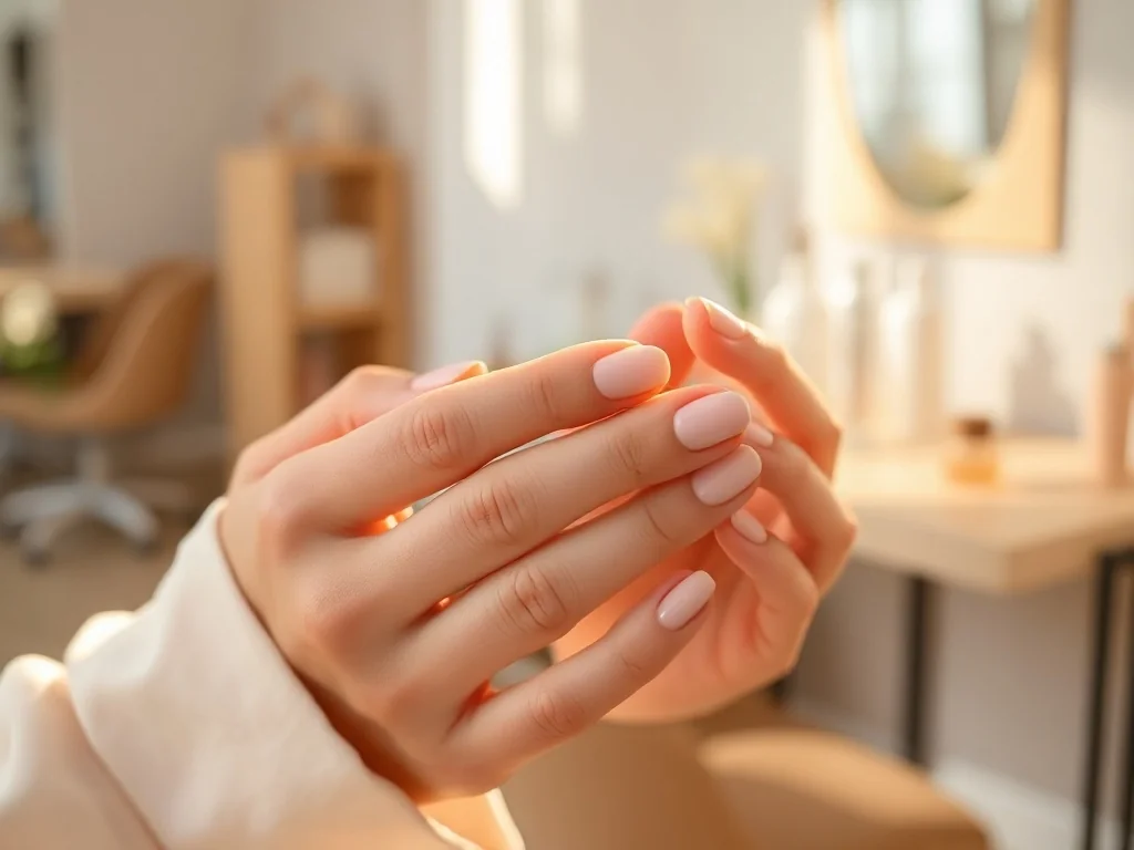 Zadbane krótkie paznokcie w minimalistycznym, pastelowym odcieniu, prezentujące elegancką i modną stylizację.