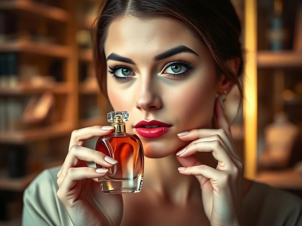 Elegancki flakon perfum Carolina Herrera w kształcie szpilki trzymany przez kobietę w luksusowym wnętrzu butiku.
