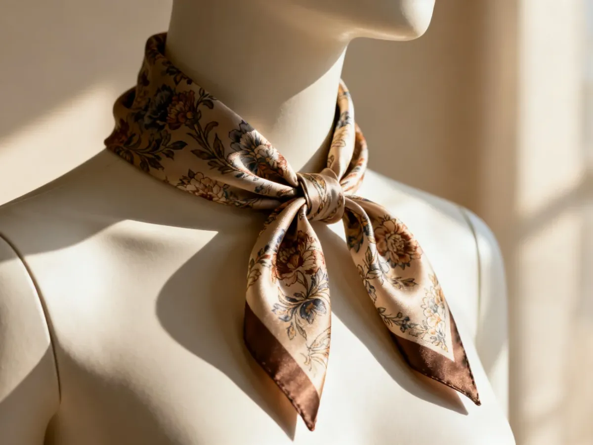 Elegancka jedwabna apaszka w kwiatowy wzór zawiązana na szyi manekina, podkreślająca połysk materiału i styl wiązania.