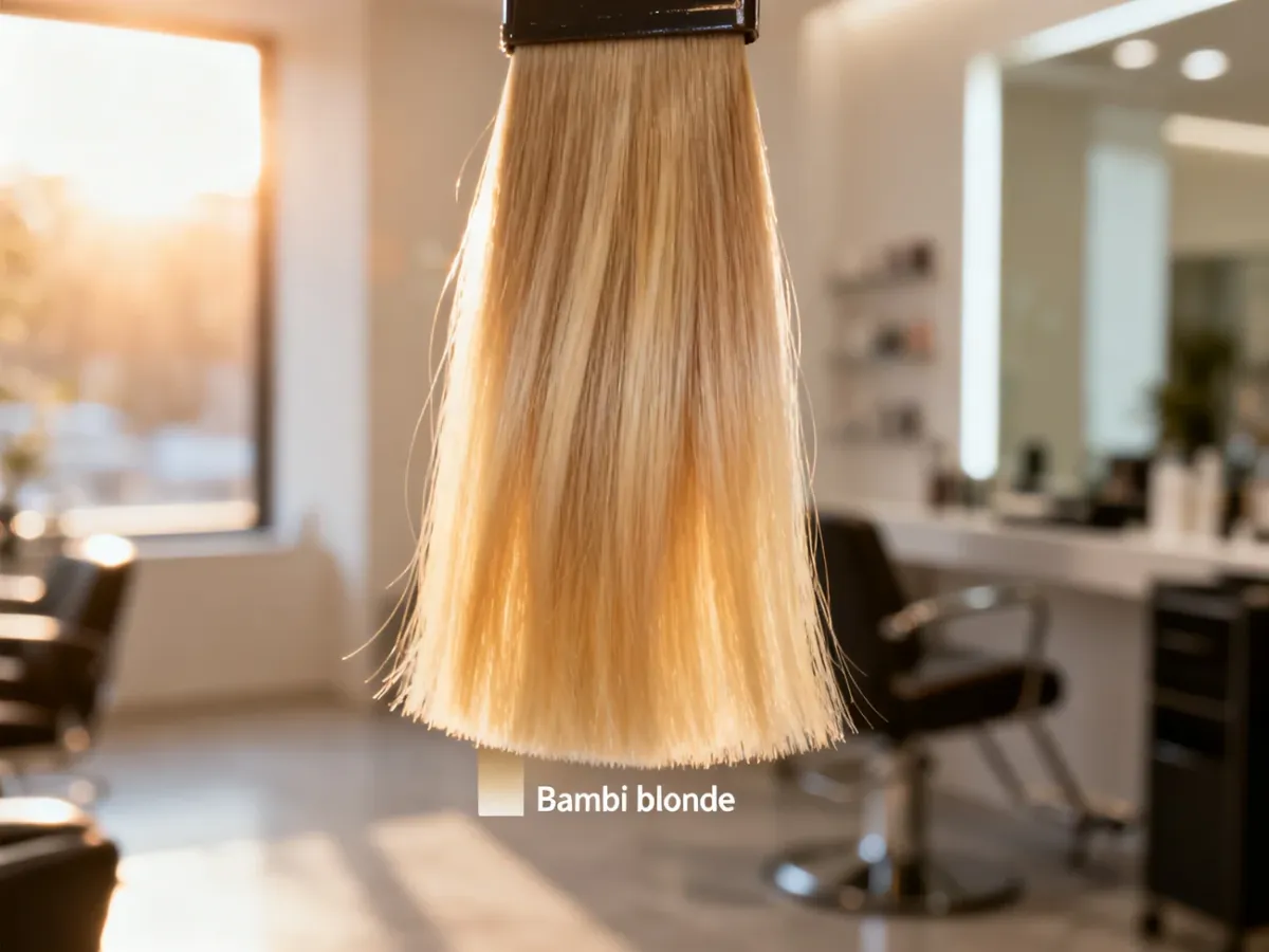 Próbka włosów w odcieniu Bambi blonde o ciepłych, kremowych i złocistych refleksach w nowoczesnym salonie fryzjerskim.