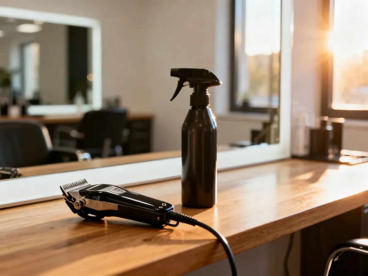 Profesjonalne narzędzia fryzjerskie na drewnianym blacie w nowoczesnym salonie barberskim.